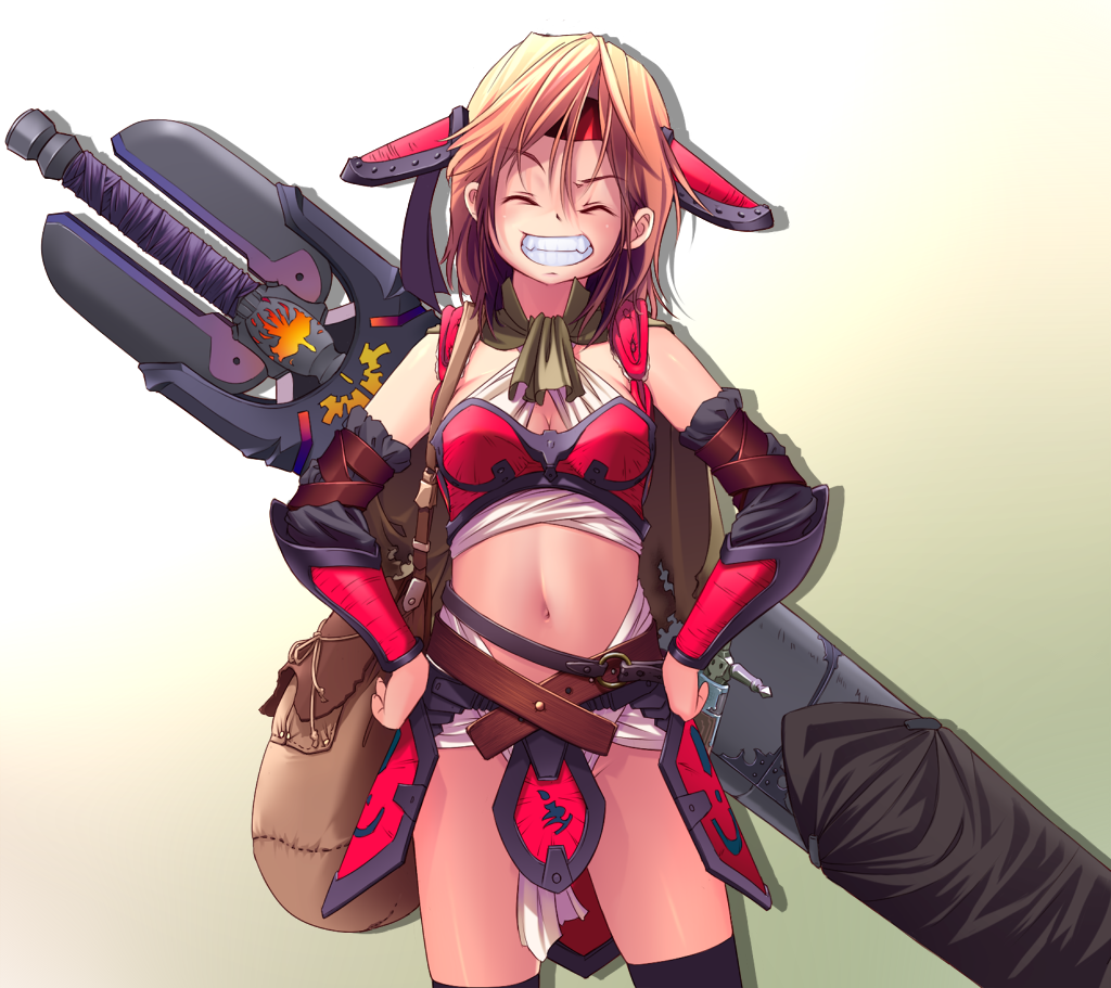 bag, bikini_armor, blonde_hair, breasts, cleavage, closed_eyes, detached_sleeves, fangs