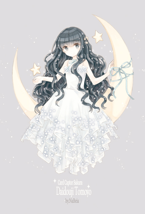 1girl, artist_name, bangs, black_hair, cardcaptor_sakura, character_name, copyright_name, crescent_moon
