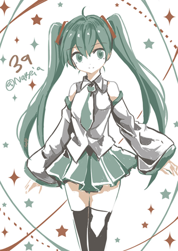 1girl, detached_sleeves, green_eyes, green_hair, hair_ornament, hatsune_miku, kneehighs, long_hair