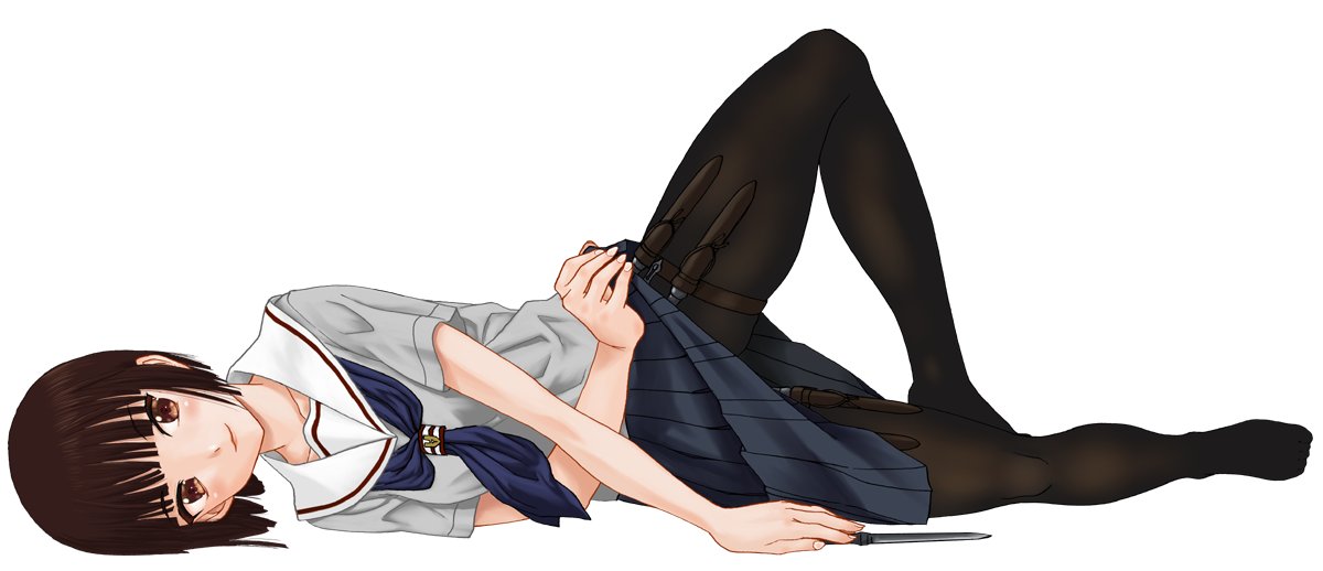 1girl, black_hair, brown_eyes, character_name, copyright_request, dagger, holster, lying, on_side, pantyhose, school_uniform, short_hair, skirt, skirt_lift, solo, tennouji_kitsune, thigh_holster, weapon