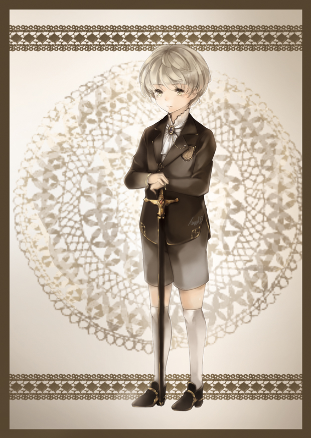 1boy, border, brown_border, formal, full_body, grey_hair, jacket, kneehighs