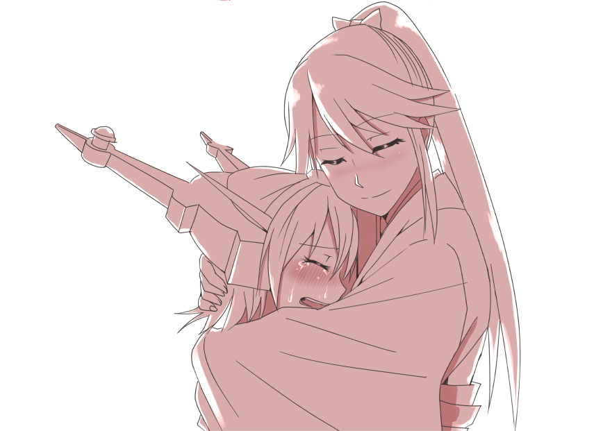 2girls, alternate_hair_length, alternate_hairstyle, houshou_(kantai_collection), hug, kantai_collection, killing-inthe-name, multiple_girls
