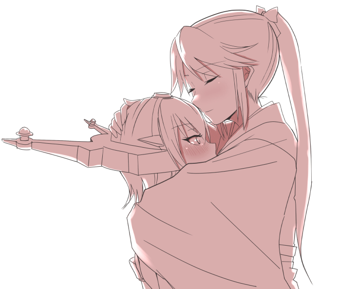 2girls, alternate_hair_length, alternate_hairstyle, blush, houshou_(kantai_collection), hug, kantai_collection, killing-inthe-name