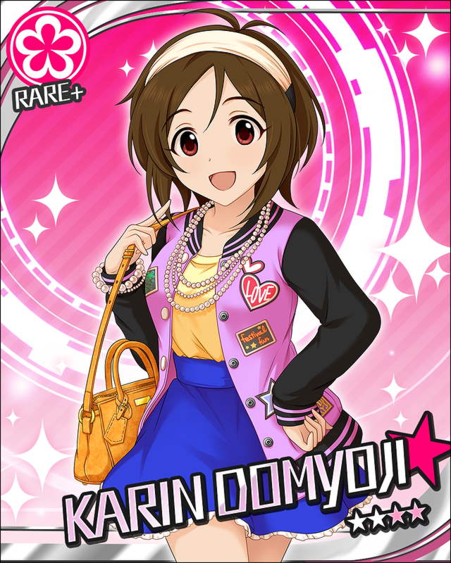 blush, brown_hair, character_name, domyouji_karen, dress, hairband, happy, idolmaster