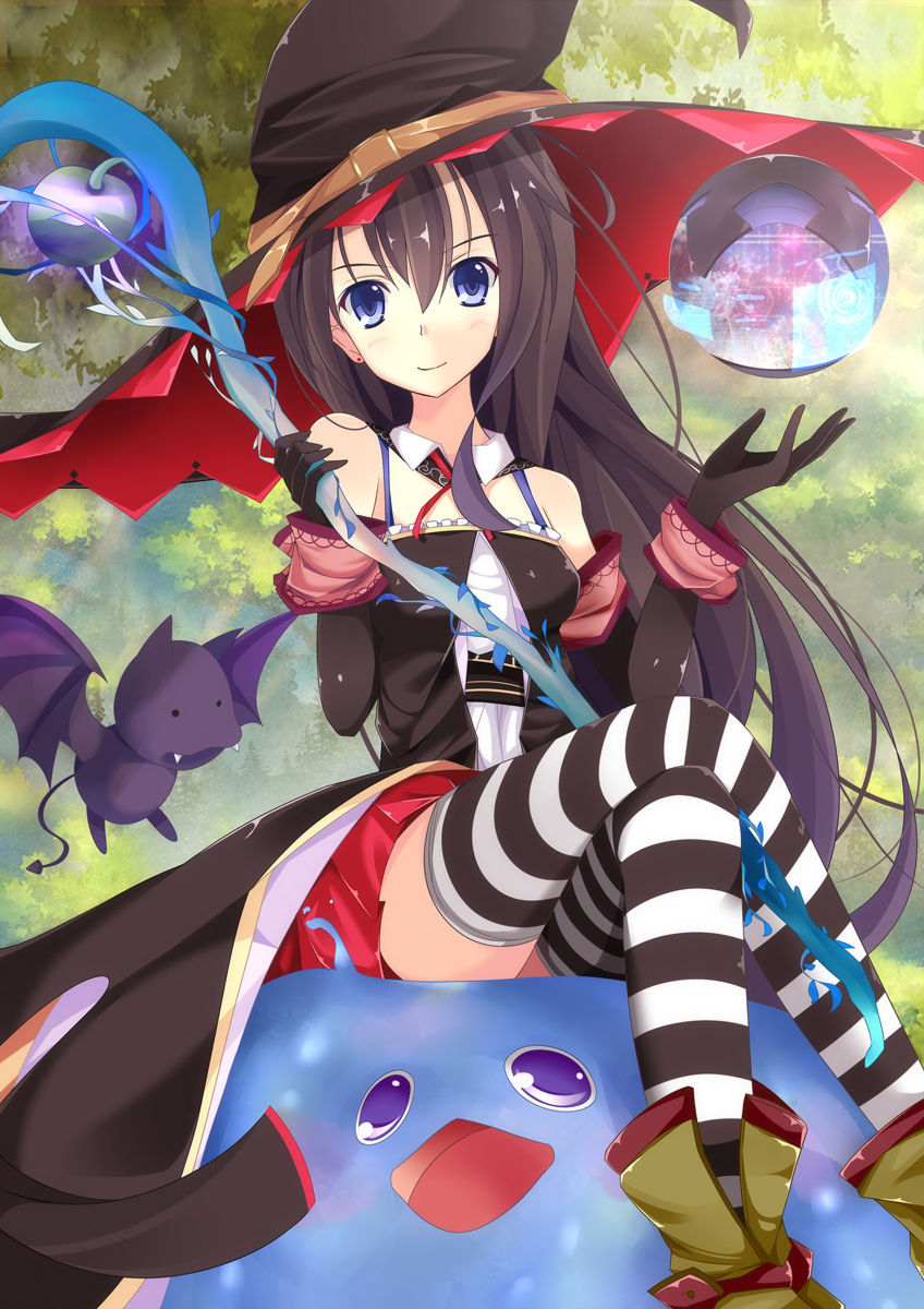 1girl, bare_shoulders, black_gloves, black_hair, blue_eyes, blush, crossed_legs, elbow_gloves
