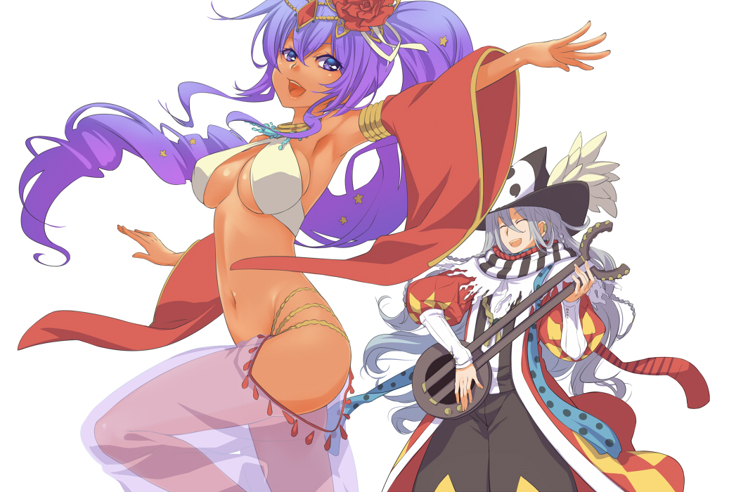 1boy, 1girl, bikini_top, dancer, detached_sleeves, gypsy_(ragnarok_online), instrument, kawagoe_pochi