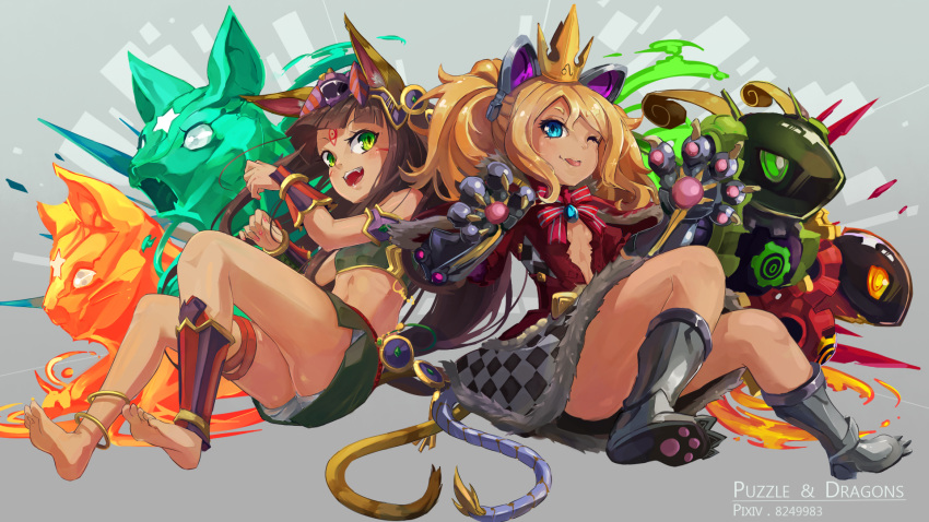 2girls, animal_ears, anklet, aqua_eyes, barefoot, bastet_(p&amp;d), blonde_hair, blush, brown_hair, capelet, cat_ears, cat_tail, commentary_request, dark_skin, denebola_(p&amp;d), egyptian, fake_animal_ears, fang, flat_chest, fur_trim, green_eyes, highres, jewelry, kurokitsune_(float0108), long_hair, midriff, multiple_girls, navel, open_mouth, puzzle_&amp;_dragons, skirt, smile, tail, wavy_hair