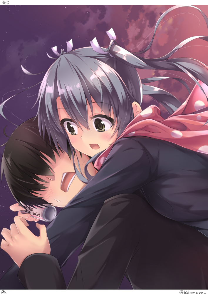 1boy, 1girl, black_eyes, black_hair, blush, can, couple, grey_hair