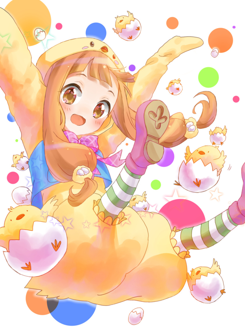 1girl, animal_costume, bird, bow, brown_eyes, brown_hair, chick, chick_costume