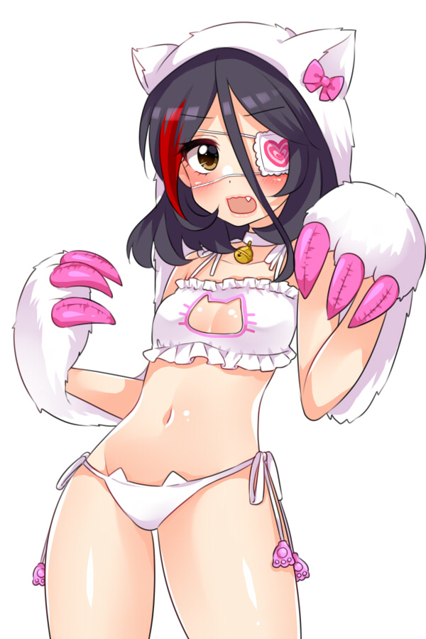 1girl, animal_ears, animal_hood, bell, bell_choker, black_hair, blush, bra