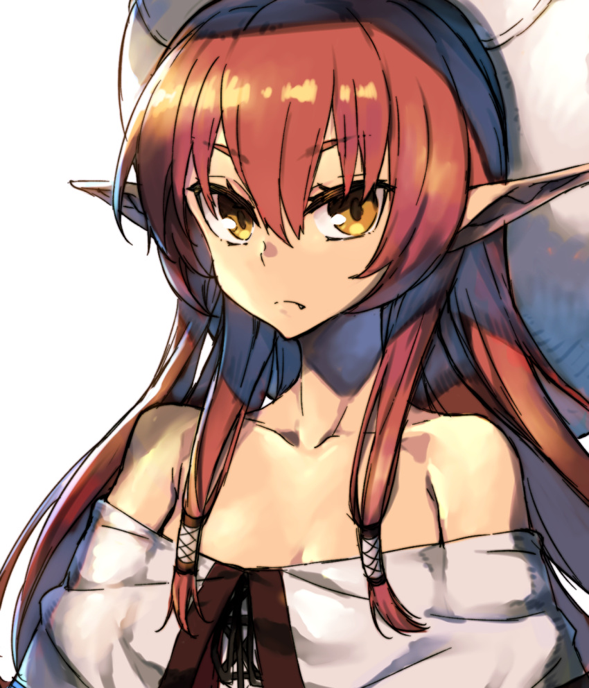 1girl, collarbone, hat, helck, highres, long_hair, looking_at_viewer, off_shoulder
