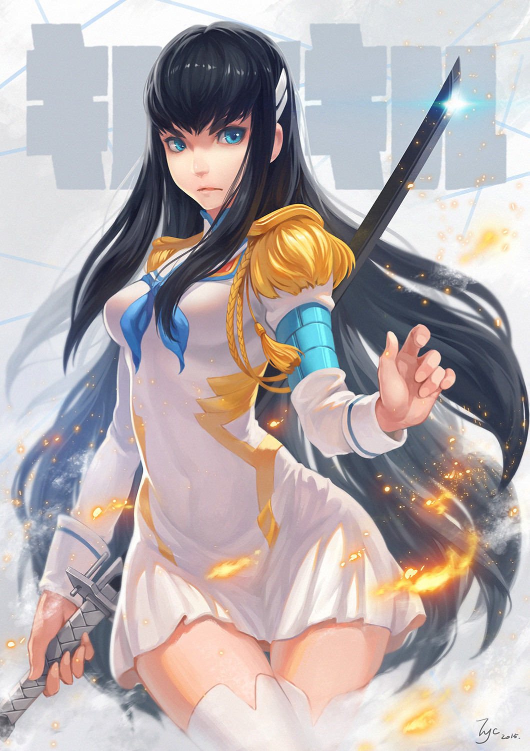 black_hair, blue_eyes, epaulettes, highres, junketsu, kill_la_kill, kiryuuin_satsuki, long_hair