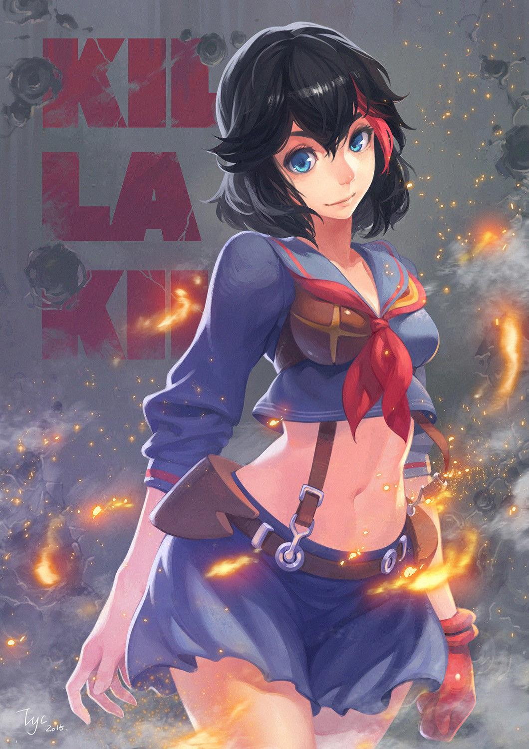 black_hair, highres, kill_la_kill, matoi_ryuuko, midriff, multicolored_hair, scissor_blade, senketsu, single_glove, streaked_hair, suspenders, two-tone_hair, yucong_tang