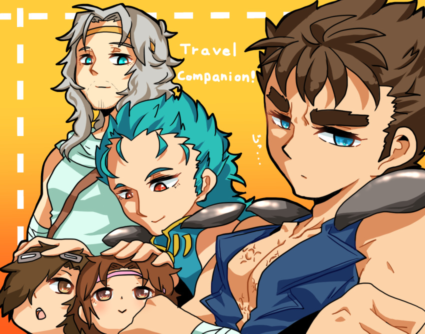 1girl, 4boys, armband, bat_(hokuto_no_ken), blue_hair, brown_eyes, brown_hair, child