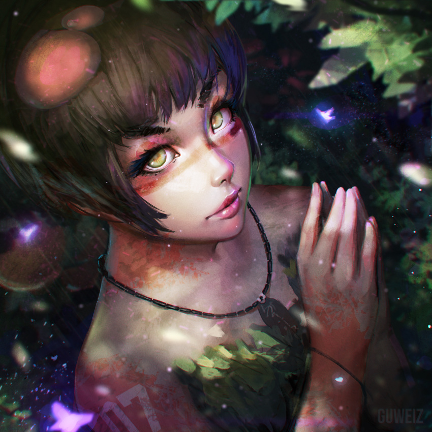 1girl, absurdres, animal, bare_shoulders, bodypaint, bracelet, brown_hair, butterfly, collarbone, eyelashes, facepaint, fingernails, food_themed_hair_ornament, green_eyes, guweiz, hair_ornament, hands_together, highres, insect, jewelry, leaf, light_smile, lips, looking_at_viewer, mushroom_hair_ornament, nature, necklace, number, original, outdoors, realistic, short_hair, solo, upper_body