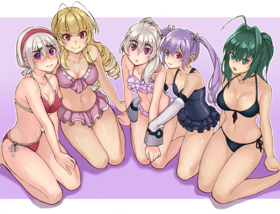 5girls, :o, ahoge, akari_acura, antenna_hair, aqua_eyes, bikini, black_bikini