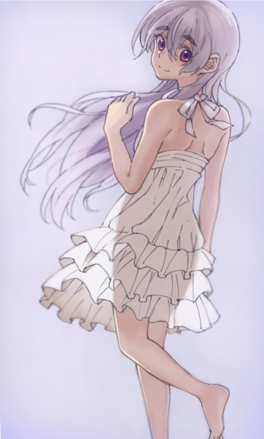 1girl, back, bare_shoulders, barefoot, casual, chaika_trabant, dress, frilled_dress, frills, hare_(haaale), highres, hitsugi_no_chaika, long_hair, looking_at_viewer, looking_back, see-through_silhouette, silver_hair, smile, solo, sundress, violet_eyes, white_dress, wind