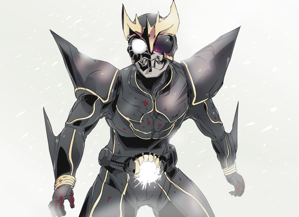 1boy, armor, blizzard, blood, daison, glowing, glowing_eye, kamen_rider