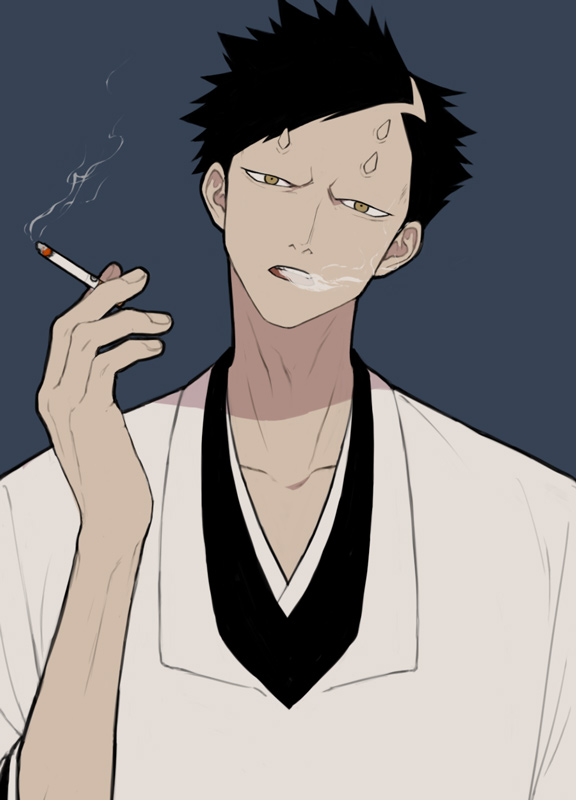 1boy, akon, black_hair, bleach, blue_background, cigarette, horns, open_mouth