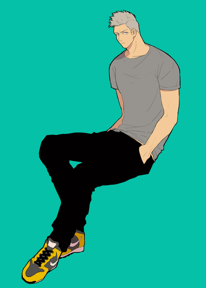 1boy, alternate_costume, aqua_background, bleach, grey_eyes, grey_hair, muguruma_kensei, nike, simple_background, sitting, solo, ustaminuk