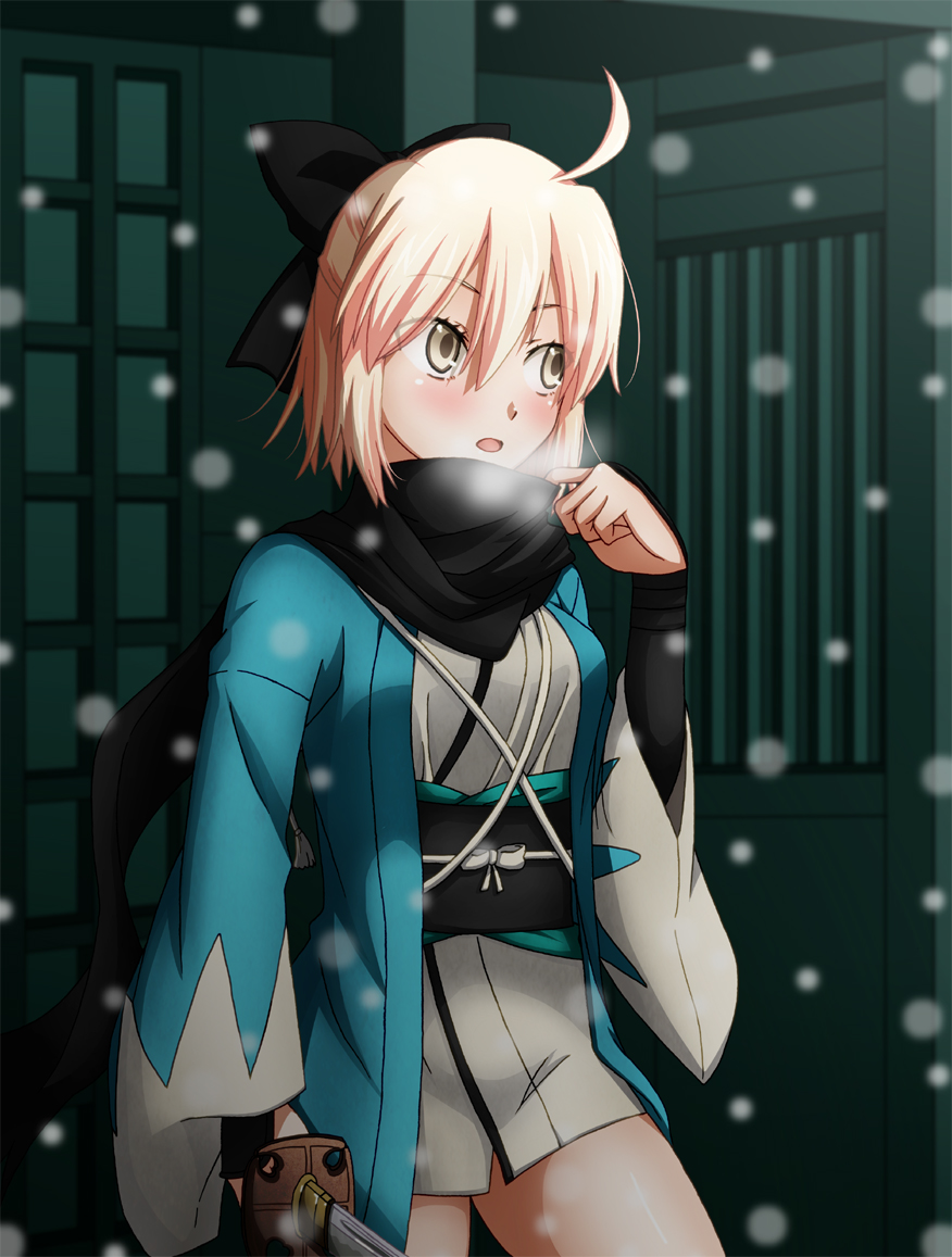1girl, ahoge, blonde_hair, blush, bow, fate/grand_order, fate_(series), hair_bow