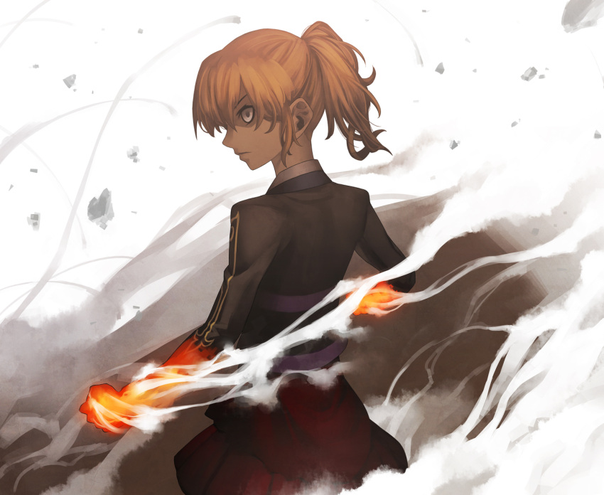 blonde_hair, burning_hand, fire, grey_eyes, highres, kunieda, ponytail, skirt