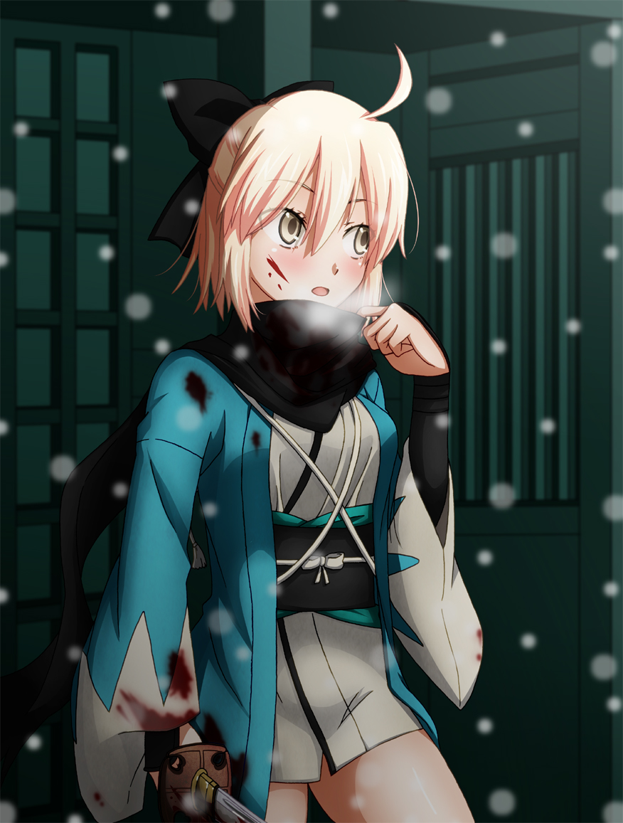 1girl, ahoge, blonde_hair, blood, blood_on_face, bloody_clothes, blush, bow