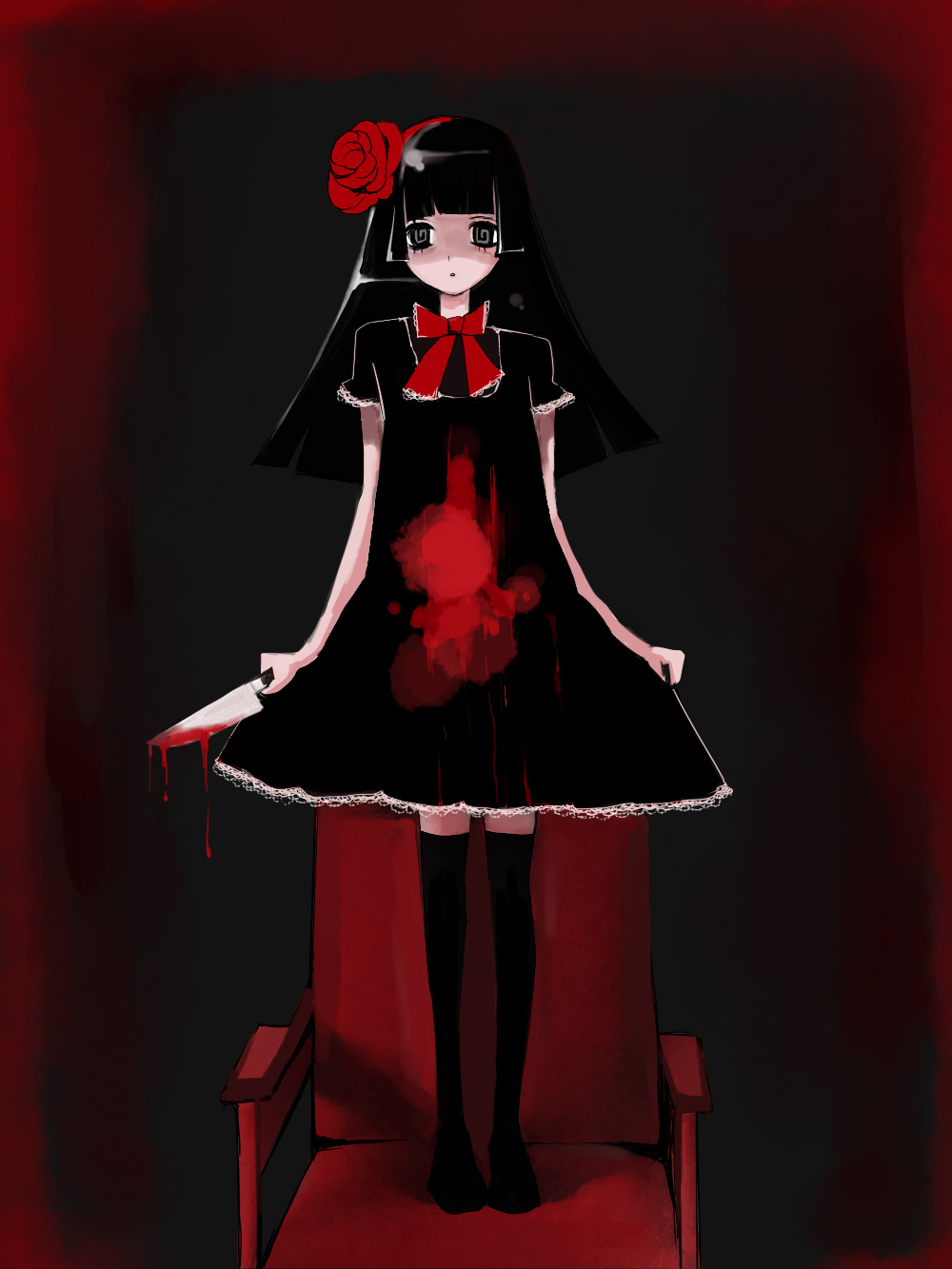blood, blunt_bangs, chair, dress, highres, hime_cut, knife, original, ruruko_(artist), yandere