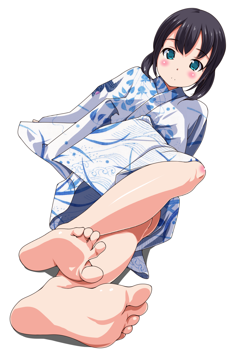 1girl, aqua_eyes, bare_legs, barefoot, black_hair, blush, feet, highres