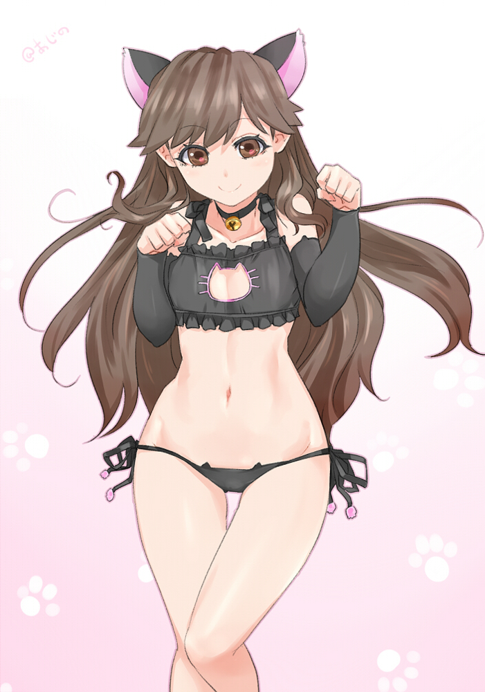 1girl, ajino_(sakanahen), animal_ears, arashio_(kantai_collection), arm_warmers, bell, bell_choker, black_bra