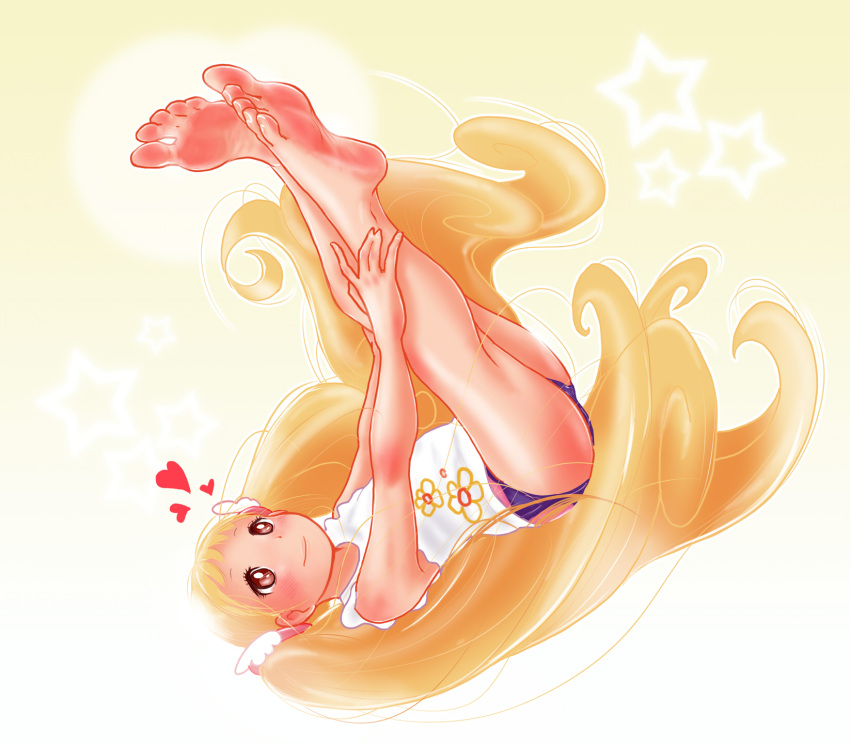 1girl, barefoot, blonde_hair, blush, brown_eyes, feet, heart, highres, legs_up, long_hair, makihatayama_hana, ojamajo_doremi, poronpuu, short_shorts, shorts, smile, soles, twintails