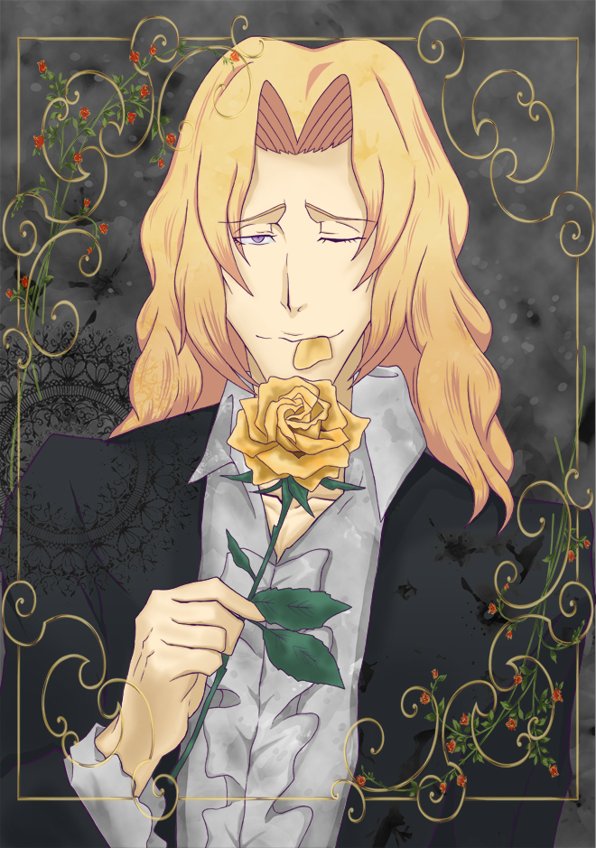 1boy, bleach, blonde_hair, flower, heliodor, leaf, long_hair, one_eye_closed
