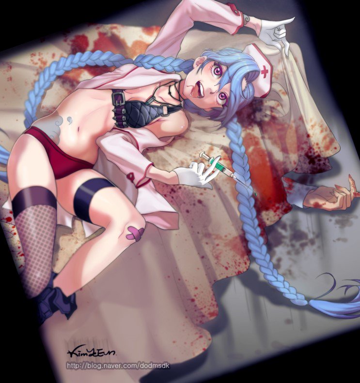 1girl, :p, alternate_costume, bandaid, bandaid_on_knee, bikini_top, blood, blood_splatter