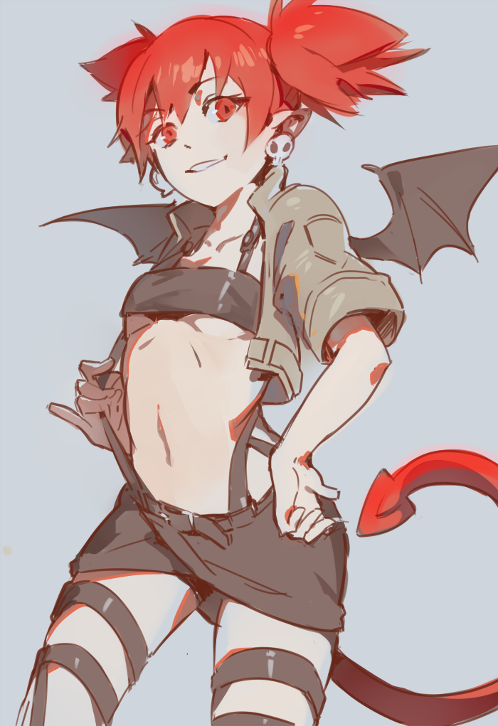 1girl, bat_wings, breasts, casual, cowboy_shot, cropped_jacket, demon_girl, demon_tail