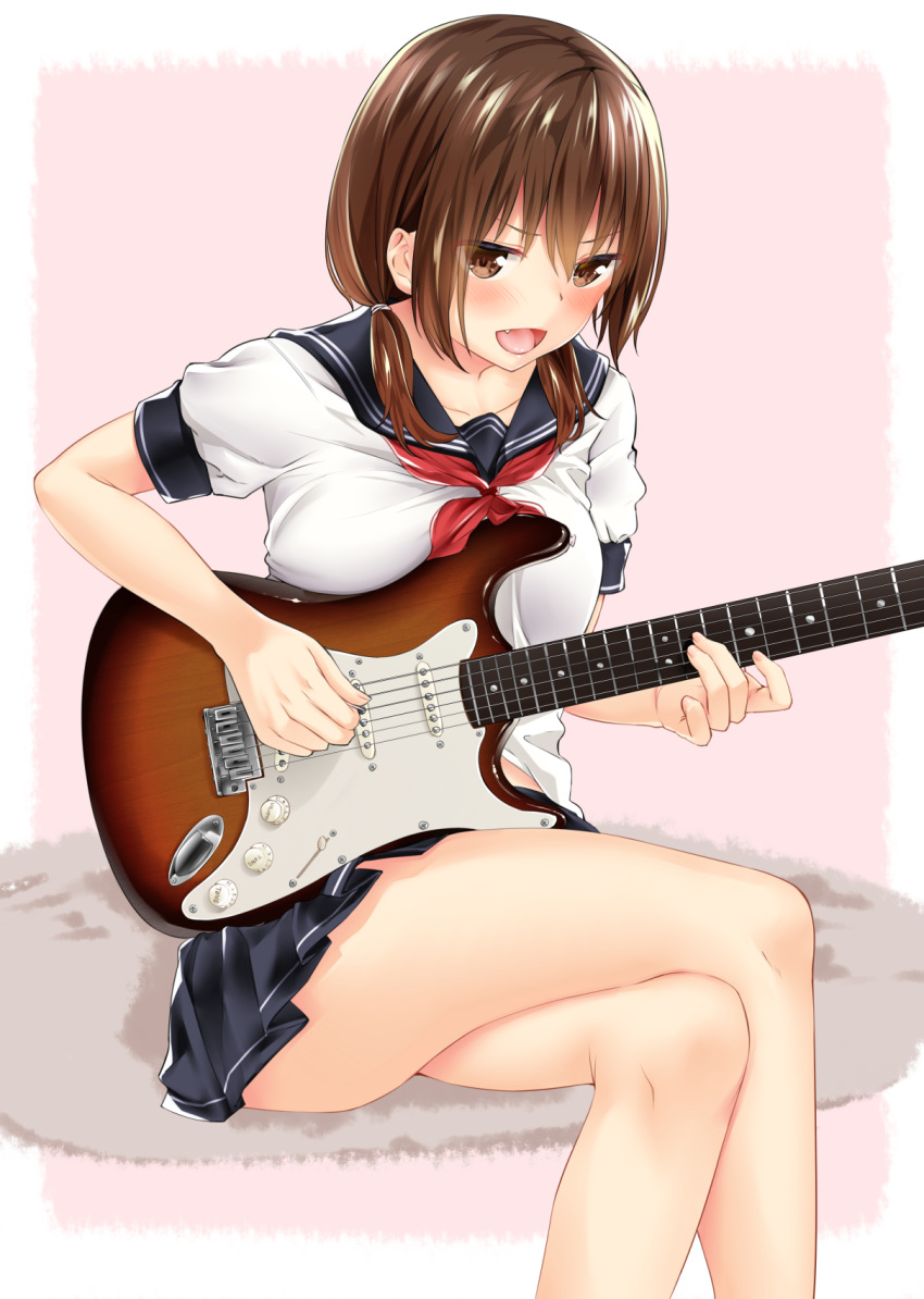 1girl, :d, blush, brown_eyes, brown_hair, crossed_legs, electric_guitar, fang