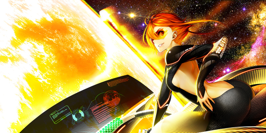 album_cover, arched_back, arm_support, ass, backless_outfit, bodysuit, breasts, cockpit