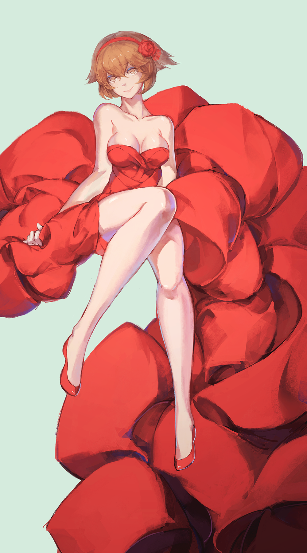 1girl, arms_at_sides, bangs, bare_legs, bare_shoulders, blue_background, breasts, brown_eyes