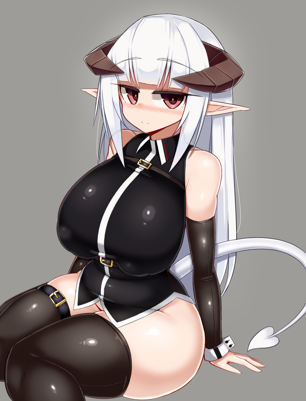 1girl, bare_shoulders, belly, belt, black_legwear, bottomless, breasts, demon_tail