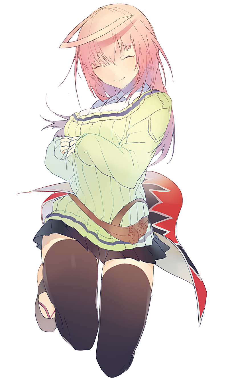 1girl, ahoge, bangs, breast_rest, breast_suppress, breasts, closed_eyes, full_body, heiwa_(murasiho), highres, hitofuri_ichigo, layered_clothing, legs_up, miniskirt, pink_hair, pleated_skirt, school_uniform, shinken!!, simple_background, skirt, smile, solo, sweater, thigh-highs, white_background, zettai_ryouiki