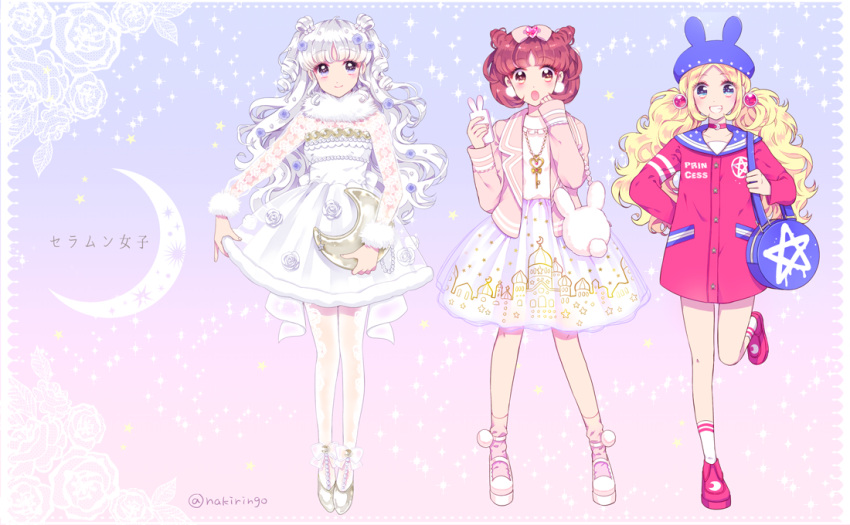 animal_ears, bag, bishoujo_senshi_sailor_moon, blonde_hair, blue_eyes, brown_hair, cellphone, crescent