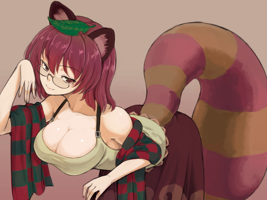 1girl, animal_ears, beige_shirt, bent_over, breasts, brown_hair, brown_skirt, checkered_clothing