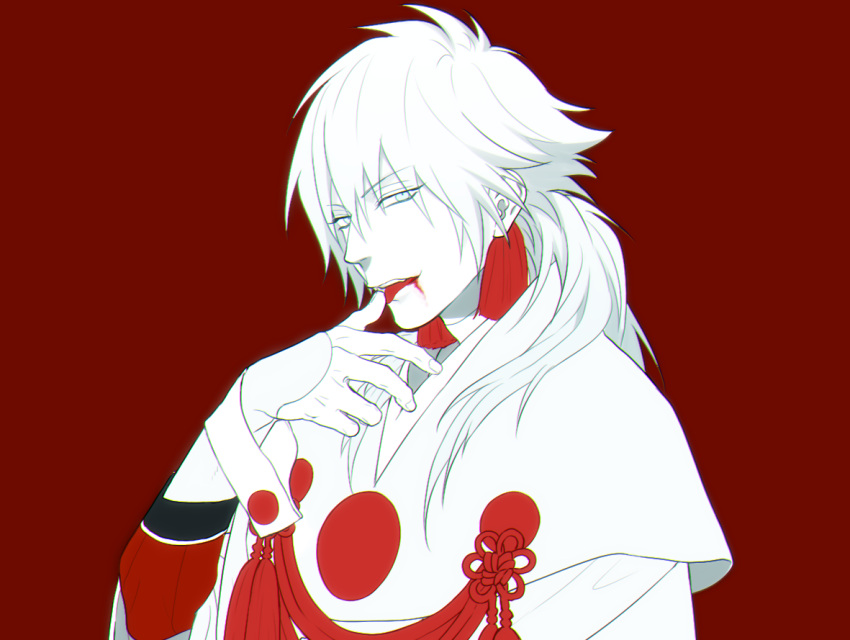 1boy, alternate_hair_color, blood, dramatical_murder, finger_licking, kuwa_ayase, licking, long_hair