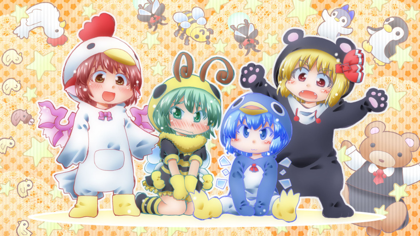4girls, :3, :d, animal_costume, bear, bear_costume, bee, bee_costume