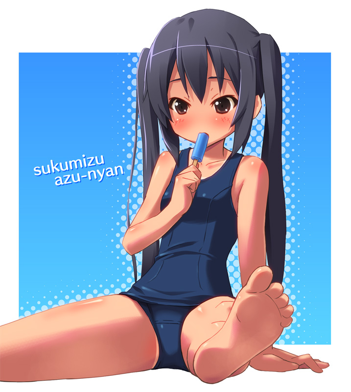 bare_shoulders, black_hair, blush, brown_eyes, feet, k-on!, long_hair, nakano_azusa
