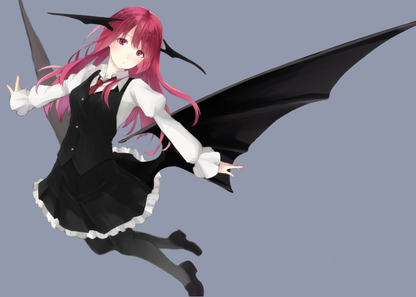 1girl, black_legwear, demon_girl, demon_wings, head_wings, highres, juliet_sleeves, koakuma