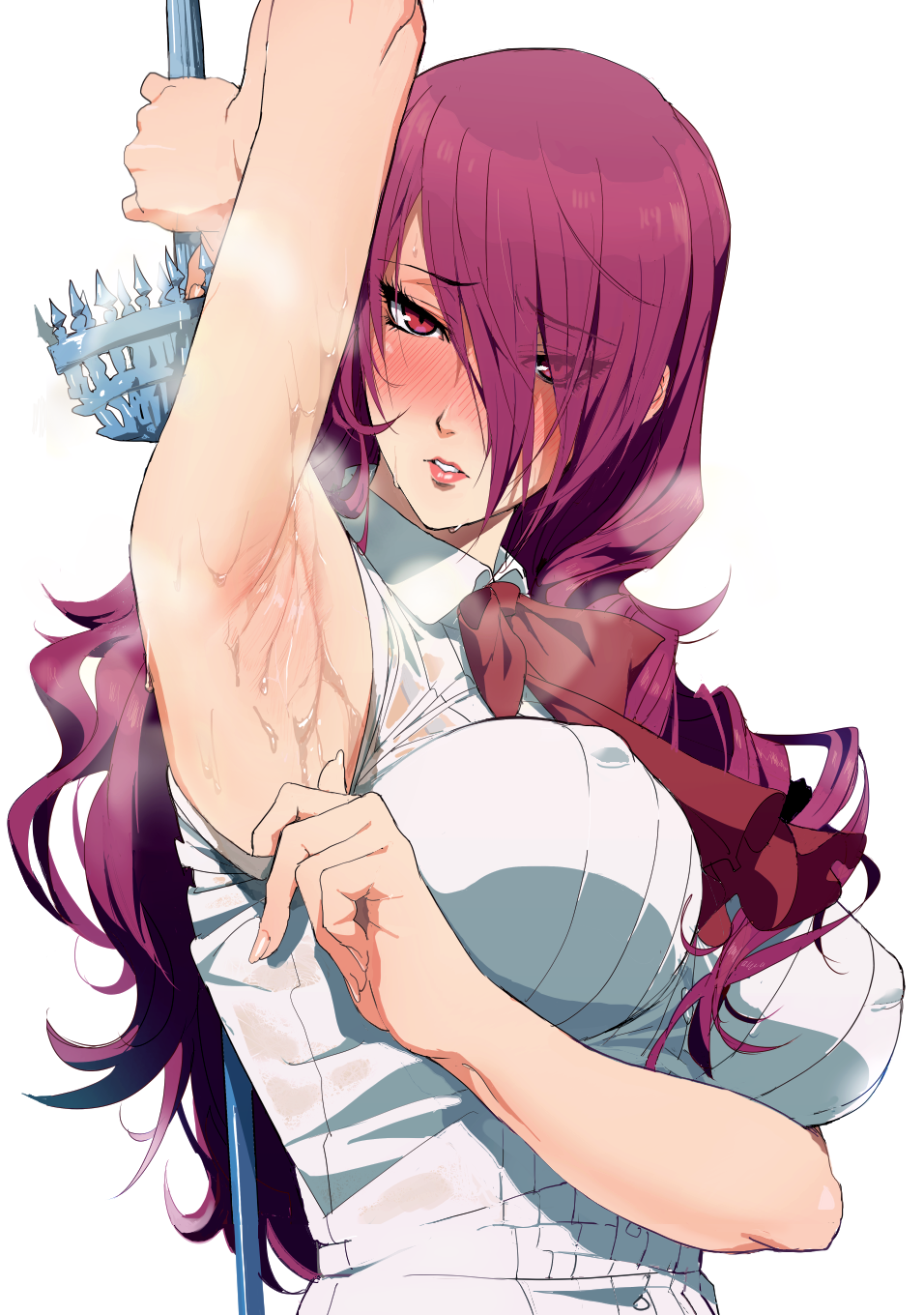 armpits, blush, covered_nipples, hair_over_one_eye, highres, ishii_takamori, kirijou_mitsuru, persona, persona_3, red_eyes, redhead, steam, sword, weapon