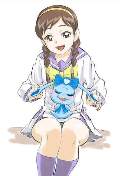 1girl, bow, braid, brown_eyes, brown_hair, creature, dog, dokidoki!_precure