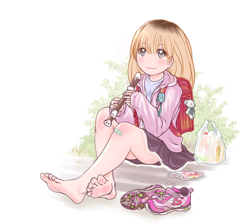 1girl, backpack, bag, bandaid, barefoot, black_eyes, brown_hair, crossed_legs, feet, highres, instrument, jacket, long_hair, plastic_bag, poronpuu, randoseru, recorder, shoes, shoes_removed, sitting, skirt, smile, sneakers, solo, stuffed_animal, stuffed_toy, teddy_bear, toes, white_background