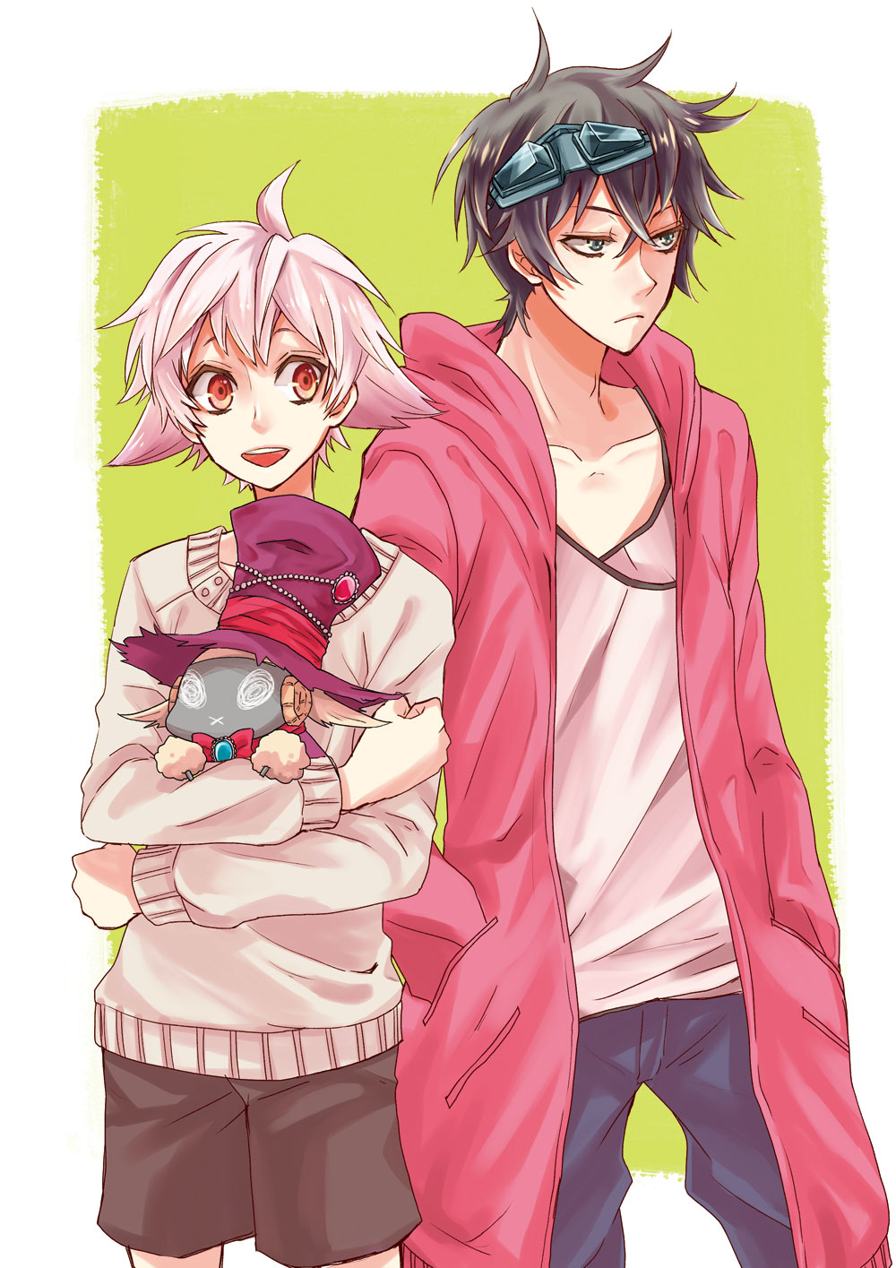 2boys, blue_eyes, gareki_(karneval), goggles, goggles_on_head, gradient_hair, highres, hood