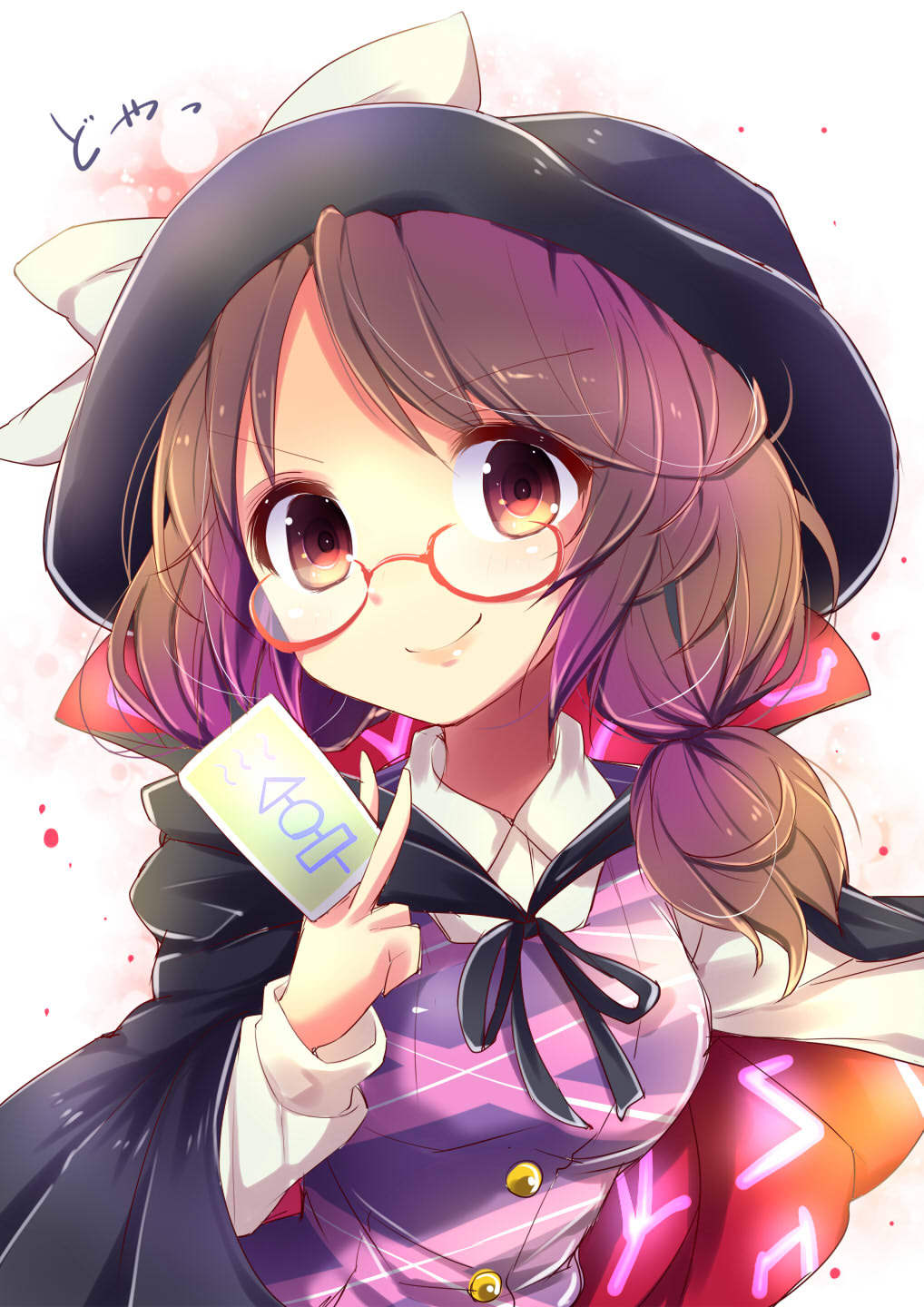 1girl, bow, brown_eyes, brown_hair, cape, clothes_writing, glasses, hat